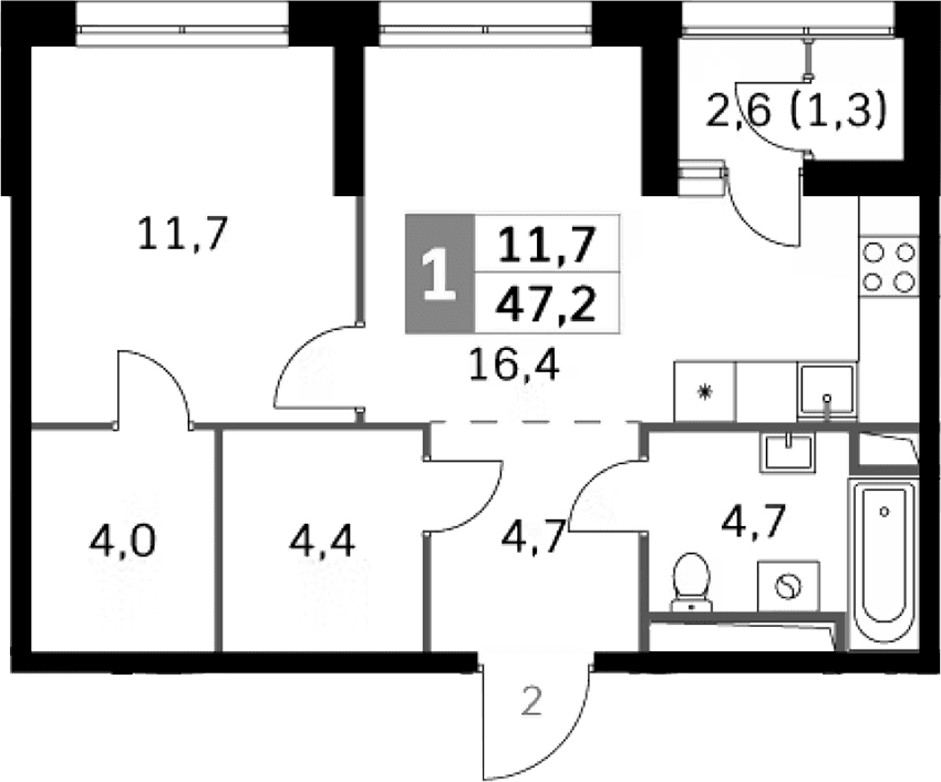 Планировка: Евродвушка 45,9 м² в ЖК «Скай Гарден»