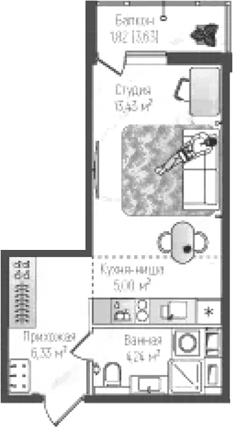 Планировка: Студия 29,2 м² в ЖК «Рига Хиллс»