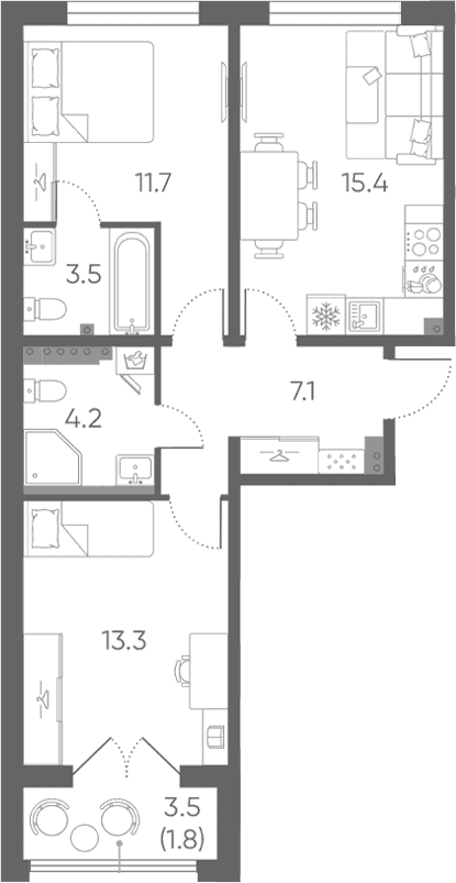 Планировка: Евротрёшка 55,2 м² в ЖК «Пулково Лейк»