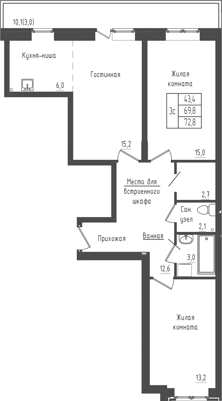 Планировка: 2-комнатная квартира 69,8 м² в ЖК «Зеленый город»