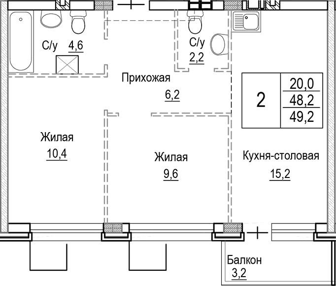 Планировка: Евротрёшка 48,2 м² в ЖК «Лесная Отрада»