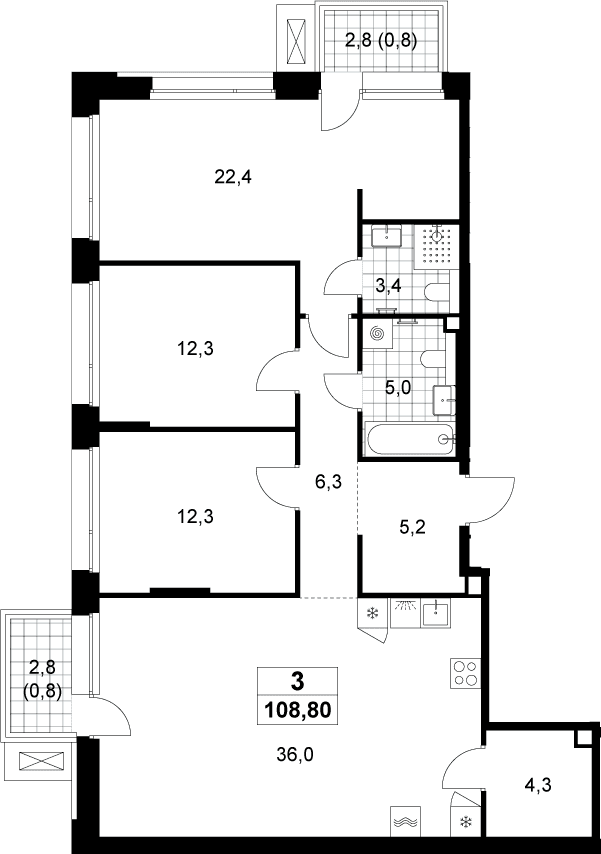 Планировка: Квартира евро-4 107,2 м² в ЖК «Хольм»