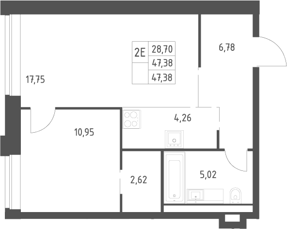 Планировка: Евродвушка 47,4 м² в ЖК «Верейская 41»