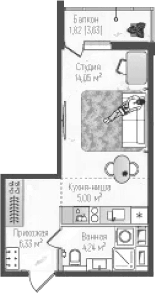 Планировка: Студия 29,6 м² в ЖК «Рига Хиллс»
