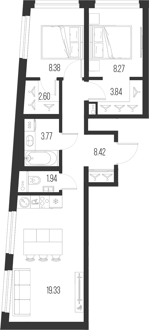 Планировка: Евротрёшка 56,6 м² в ЖК «Новая земля»