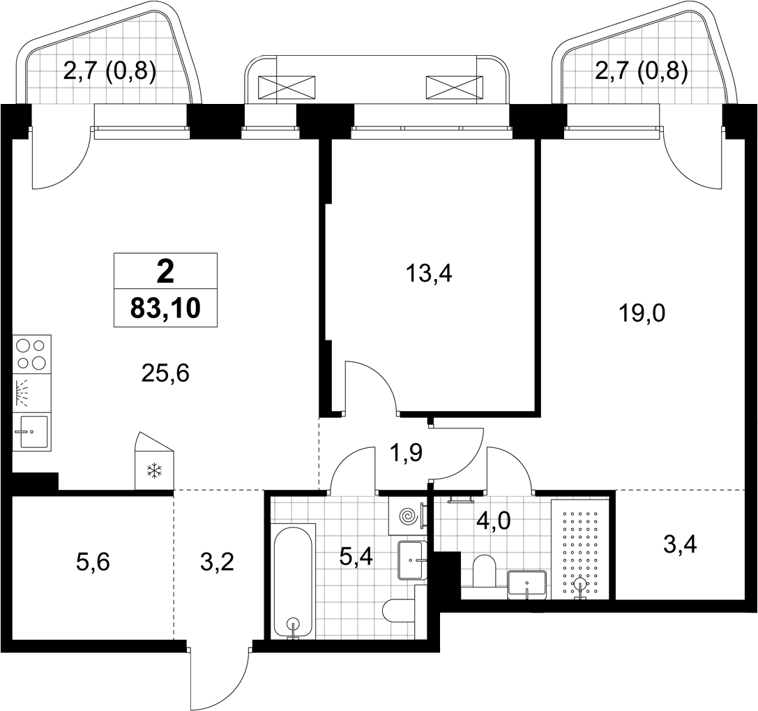 Планировка: Евротрёшка 81,5 м² в ЖК «Хольм»