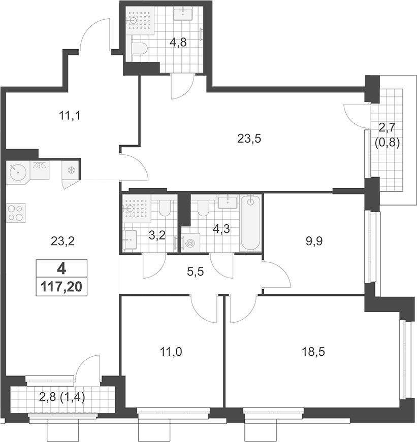 Планировка: Квартира евро-5 115 м² в ЖК «Южные сады»