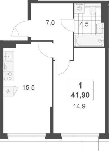 Планировка: Евродвушка 41,9 м² в ЖК «Скандинавия»