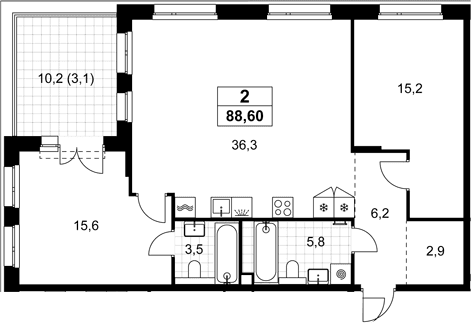 Планировка: Евротрёшка 85,5 м² в ЖК «Хольм»