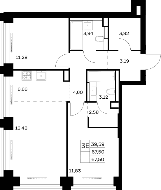 Планировка: Евротрёшка 67,5 м² в ЖК «НОВА»