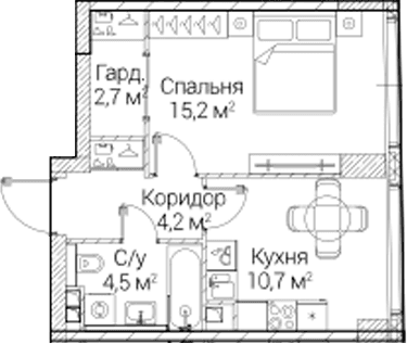 Планировка: 1-комнатная квартира 37,2 м² в ЖК «СЕЗАР БУДУЩЕЕ»