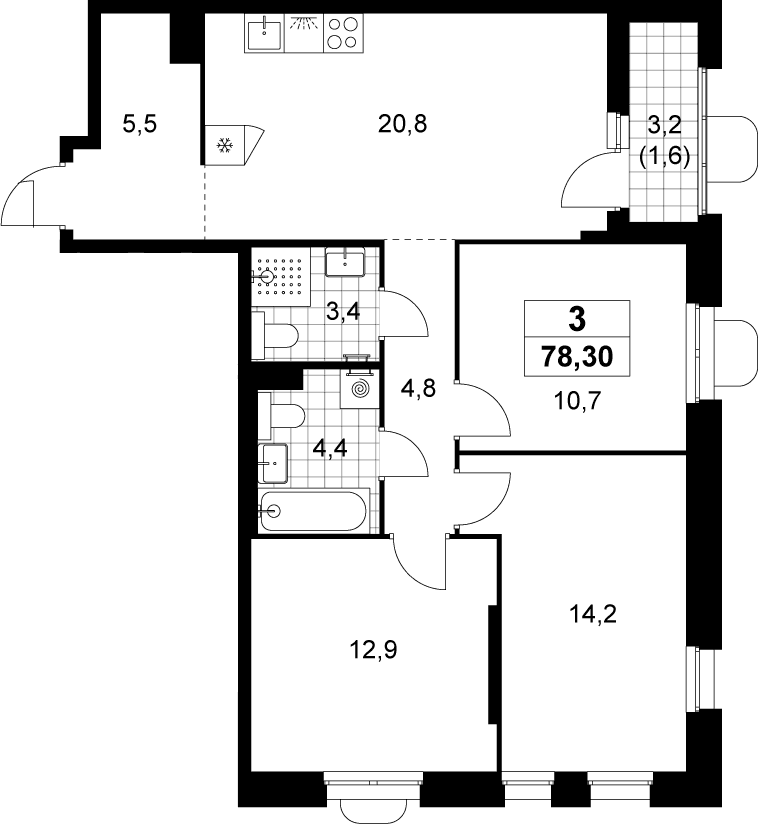 Планировка: Квартира евро-4 76,7 м² в ЖК «Прокшино»