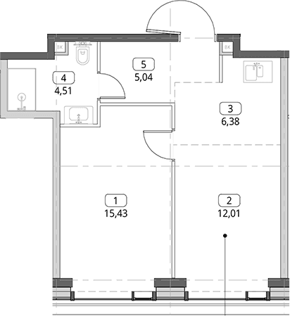 Планировка: Евродвушка 43,4 м² в ЖК «СИТИДЗЕН»