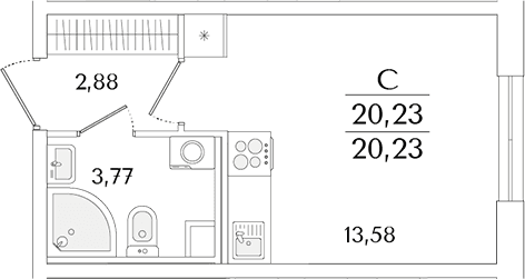 Планировка: Студия 20,2 м² в ЖК «Кинопарк»