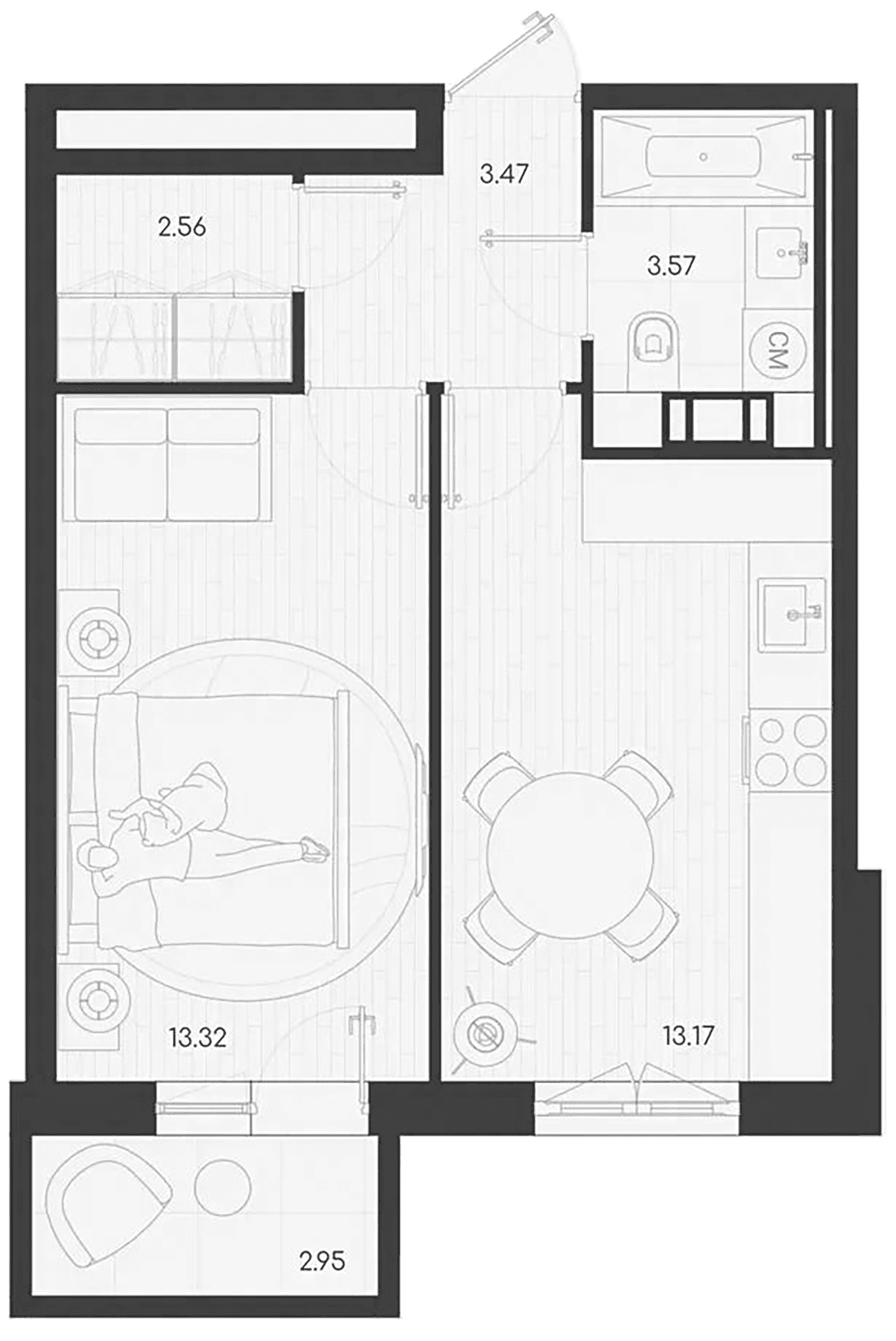 Планировка: 1-комнатная квартира 36 м² в ЖК «Дубровка.Парк»
