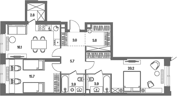 Планировка: Евротрёшка 76,9 м² в ЖК «КОД Сокольники»