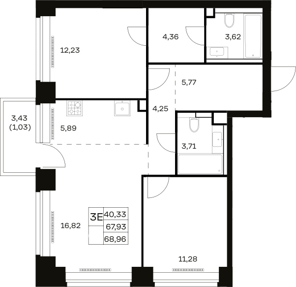 Планировка: Евротрёшка 67,9 м² в ЖК «НОВА»