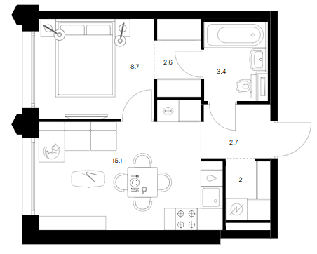 Планировка: Евродвушка 34,5 м² в ЖК «Бусиновский парк»