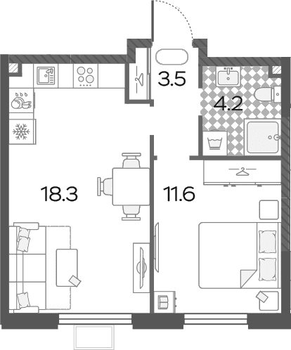 Планировка: Евродвушка 37,6 м² в ЖК «Лучи»