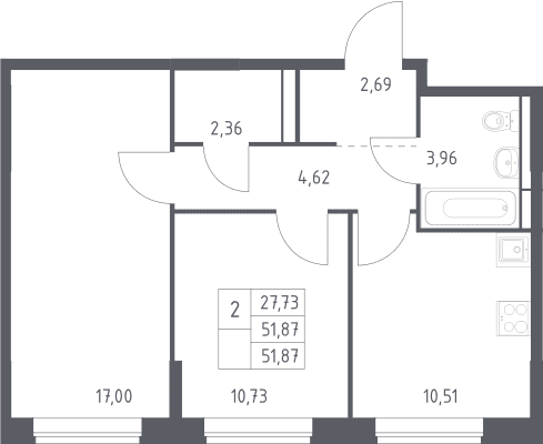 Планировка: 2-комнатная квартира 51,9 м² в ЖК «Богдановский лес»