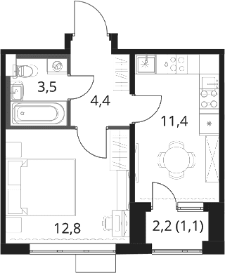 Планировка: 1-комнатная квартира 32,1 м² в ЖК «1-й Шереметьевский»