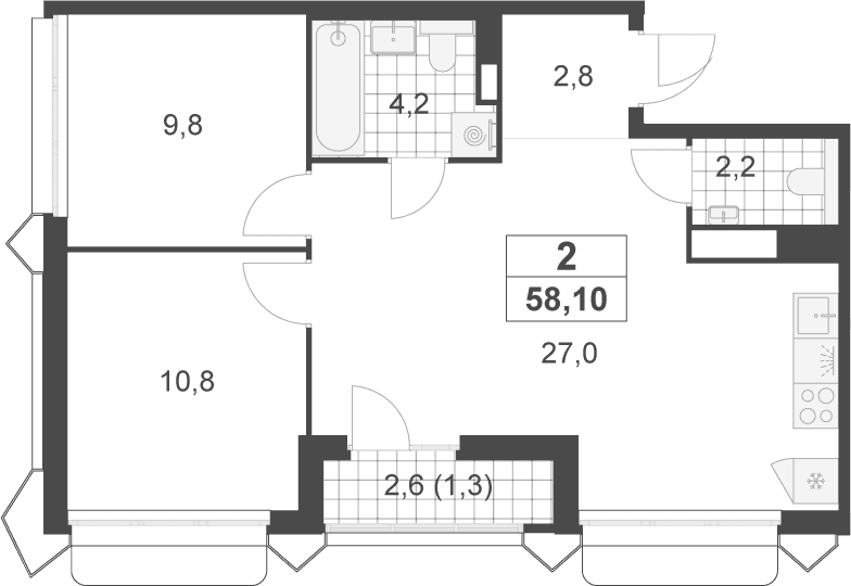 Планировка: Евротрёшка 56,8 м² в ЖК «Деснаречье»