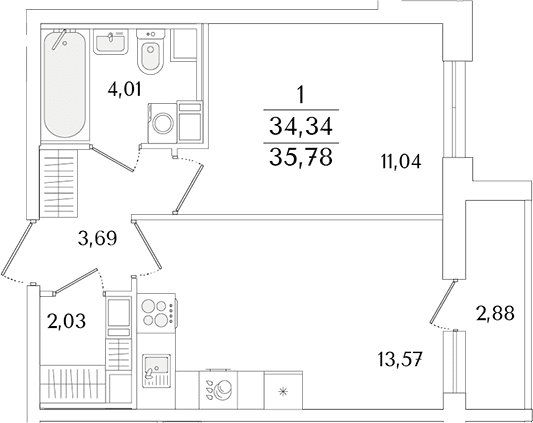 Планировка: Евродвушка 34,3 м² в ЖК «Кинопарк»
