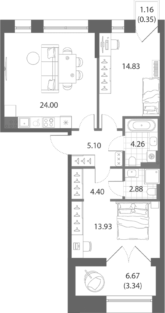 Планировка: Евротрёшка 69,4 м² в ЖК «Нева Арт»