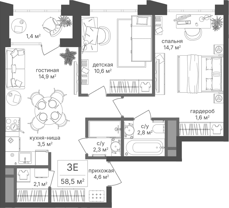 Планировка: Евротрёшка 57,1 м² в ЖК «Михалковский»