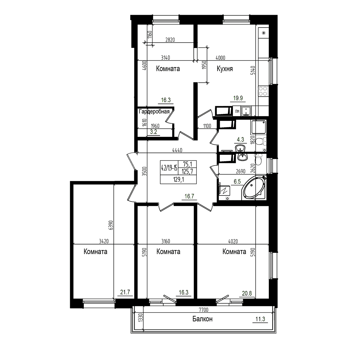 Планировка: Квартира евро-5 125,7 м² в ЖК «Прагма Сити»