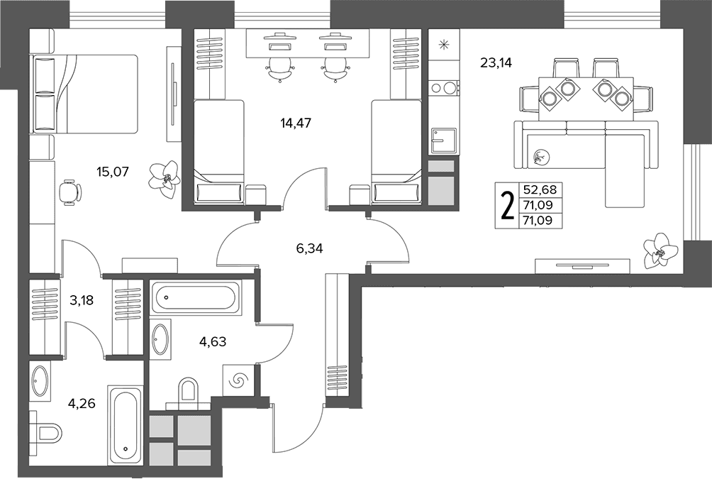 Планировка: Евротрёшка 71,1 м² в ЖК «Городской бор»