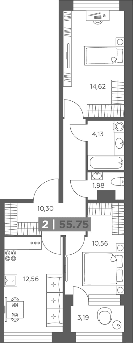 Планировка: 2-комнатная квартира 54,2 м² в ЖК «Солар Парк»
