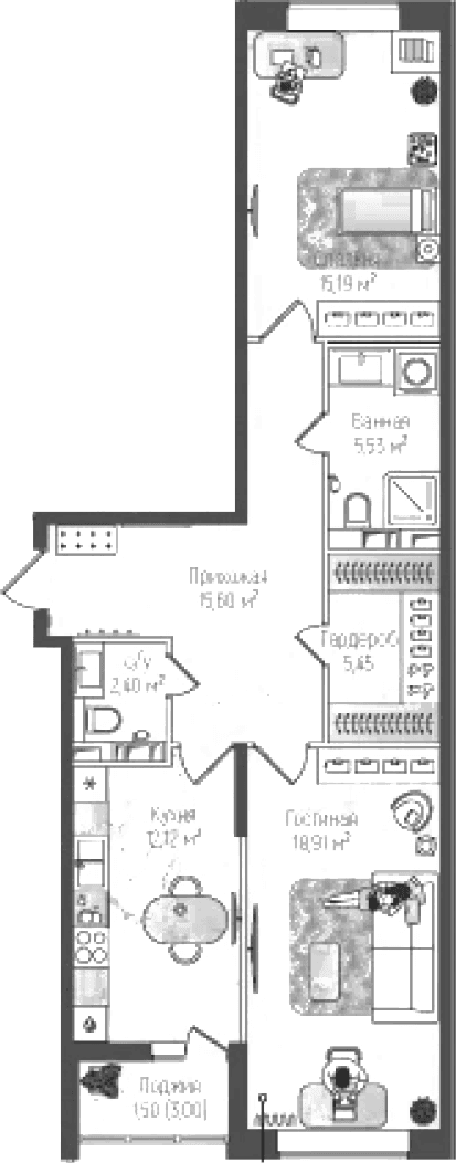 Планировка: 2-комнатная квартира 75,2 м² в ЖК «Рига Хиллс»