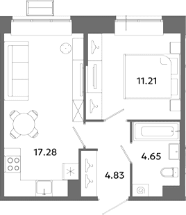 Планировка: Евродвушка 38 м² в ЖК «Загляденье»