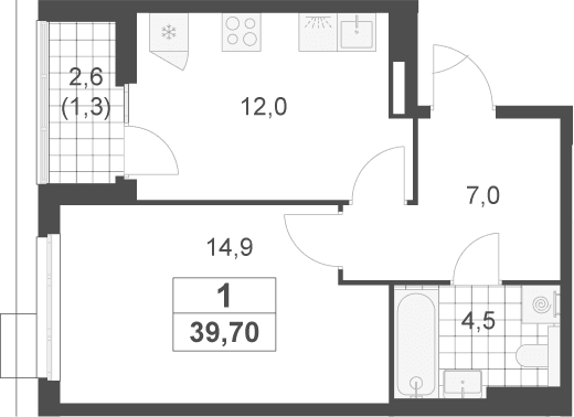 Планировка: 1-комнатная квартира 38,4 м² в ЖК «Скандинавия»