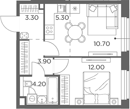 Планировка: Евродвушка 39,4 м² в ЖК «Белый Град»