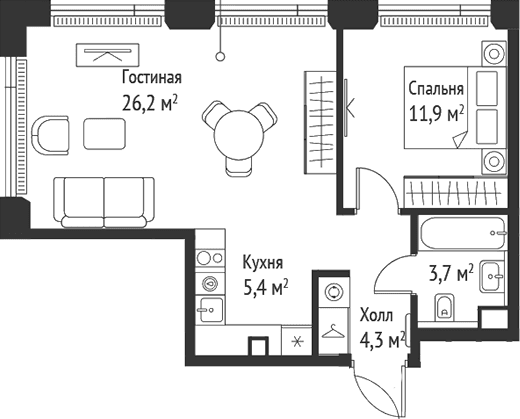 Планировка: Евродвушка 51,6 м² в ЖК «СЕТ»