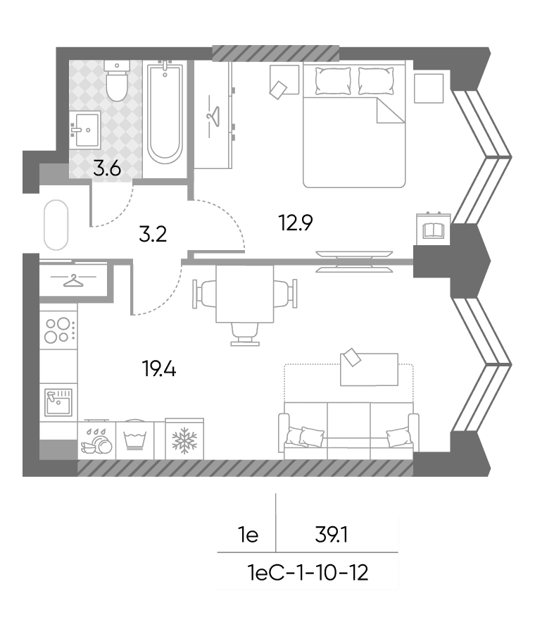 Планировка: Евродвушка 39,1 м² в ЖК «ЗилАрт»