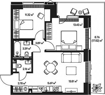 Планировка: Евротрёшка 57,5 м² в ЖК «Джойс»