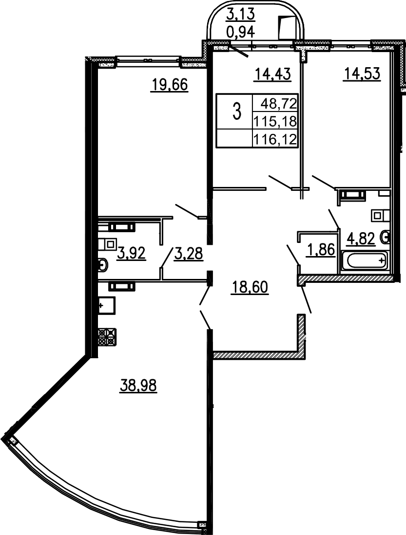 Планировка: 3-комнатная квартира 117,7 м² в ЖК «Дом-Мегалит в Королеве»