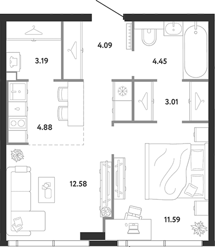 Планировка: 1-комнатная квартира 43,8 м² в ЖК «Ридж»
