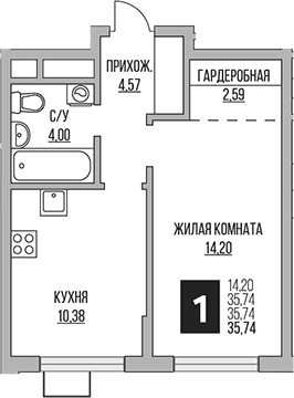 Планировка: 1-комнатная квартира 35,7 м² в ЖК «Гранель Мытищи»