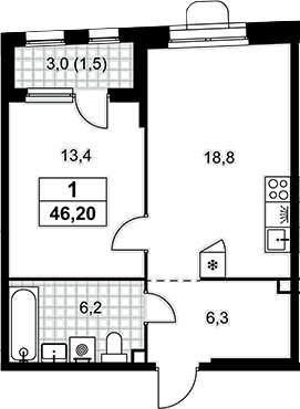 Планировка: Евродвушка 44,7 м² в ЖК «Прокшино»