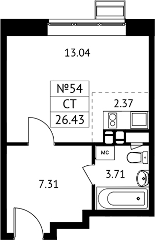 Планировка: Студия 26,4 м² в ЖК «Новотомилино»