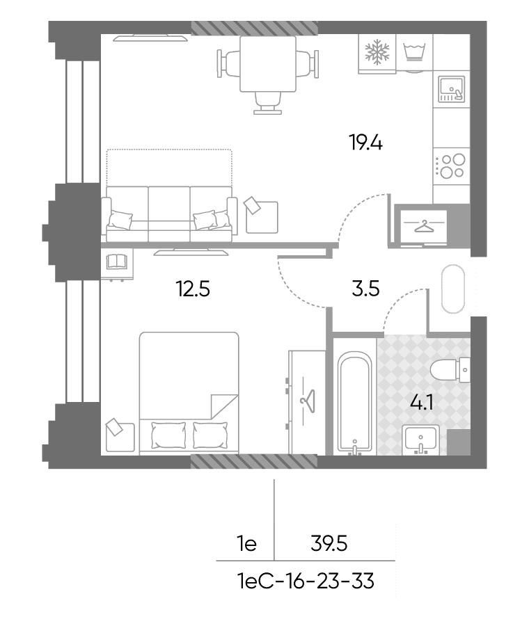 Планировка: Евродвушка 39,5 м² в ЖК «ЗилАрт»