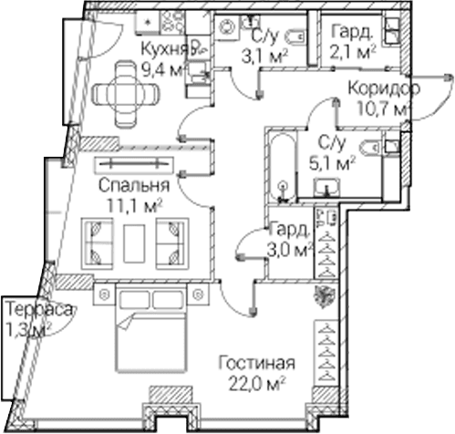 Планировка: 2-комнатная квартира 65,6 м² в ЖК «СЕЗАР БУДУЩЕЕ»