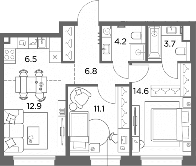Планировка: Евротрёшка 59,8 м² в ЖК «Станиславский»