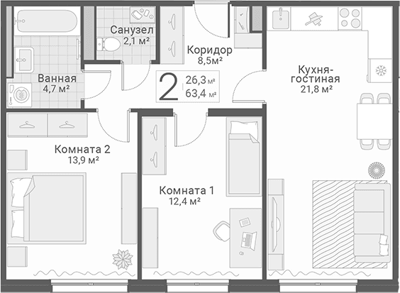Планировка: 2-комнатная квартира 63,4 м² в ЖК «Руднева, 15»