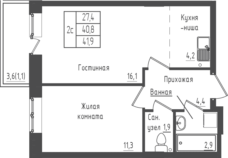 Планировка: 1-комнатная квартира 40,8 м² в ЖК «Зеленый город»