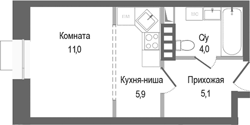 Планировка: Студия 26 м² в ЖК «Киноквартал»